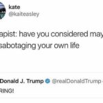 depression memes Depression, Trump text: kate @kaiteasley therapist: have you considered maybe not sabotaging your own life me: e Donald J. Trump @realDonaldTrump Id BORING!  Depression, Trump