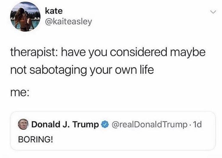Depression, Trump depression memes Depression, Trump text: kate @kaiteasley therapist: have you considered maybe not sabotaging your own life me: e Donald J. Trump @realDonaldTrump Id BORING! 