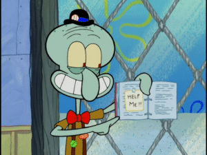 Squidward pointing to help me sign Holding meme template
