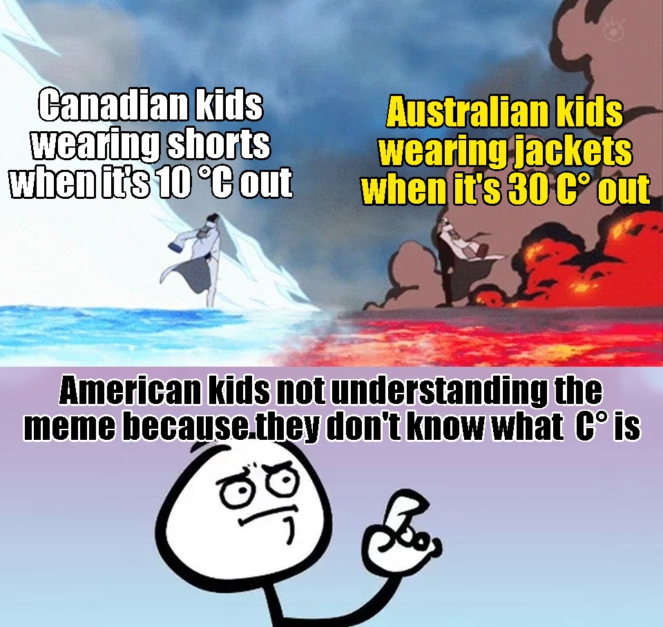 Funny, Celsius, American, America, Fahrenheit, Canada other memes Funny, Celsius, American, America, Fahrenheit, Canada text: Canadian kids wearing snorts when it's logout Australian kids* when it'S 30 Hout- American kids not understanding the meme because-they don't know what co is 