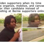 Political Memes Political, Trump, DNC, Bernie text: Biden supporters when its time to organize, mobilize, and canvass for their candidate instead of yelling at Bernie supporters online  Political, Trump, DNC, Bernie