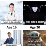 cringe memes Cringe,  text: Age 7 I want to be a doctor Age 16 I want to be an entrepreneur Age 12 I want to be a hacker Age 20 Welöome to my YouTube channel  Cringe, 