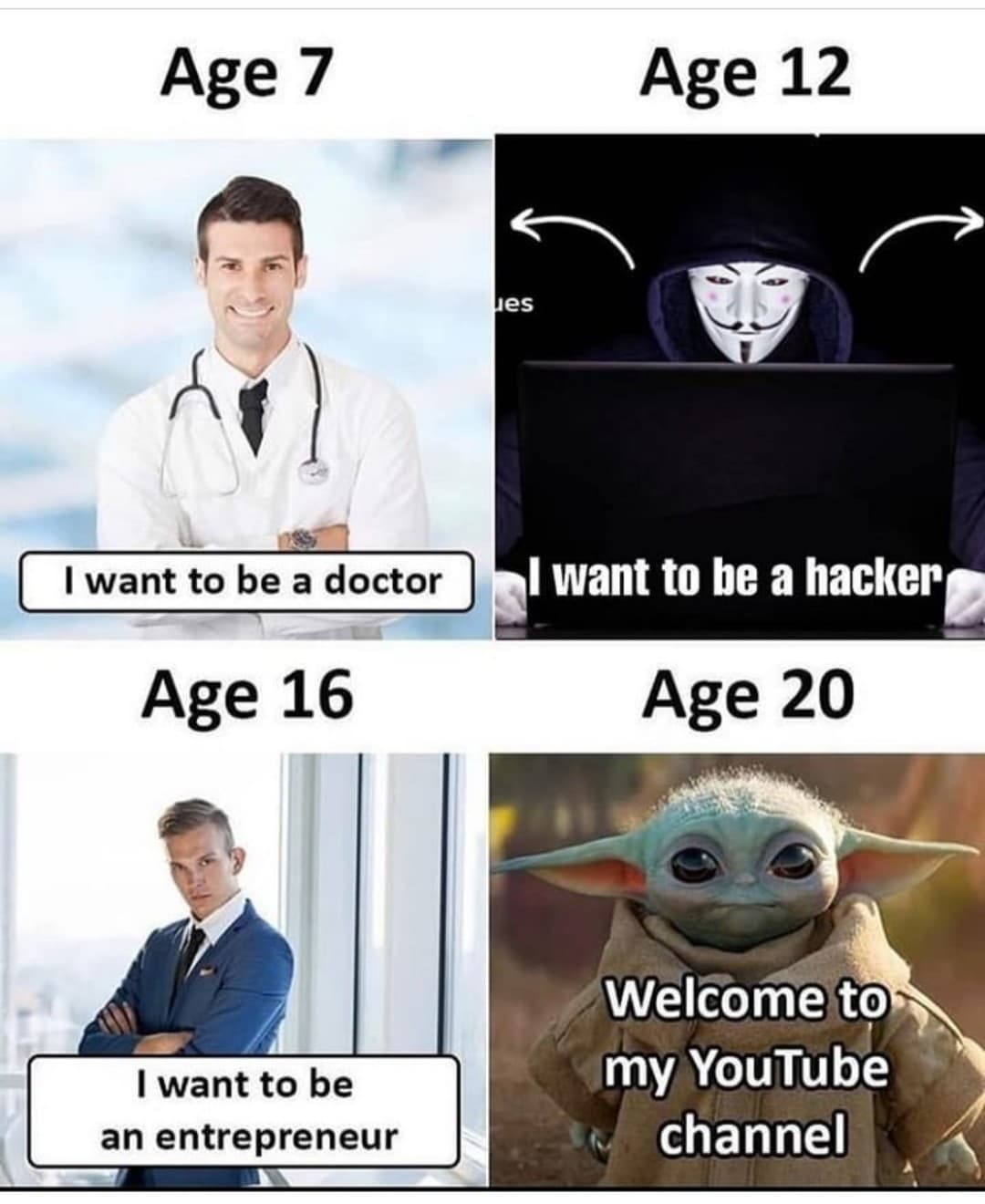 Cringe,  cringe memes Cringe,  text: Age 7 I want to be a doctor Age 16 I want to be an entrepreneur Age 12 I want to be a hacker Age 20 Welöome to my YouTube channel 