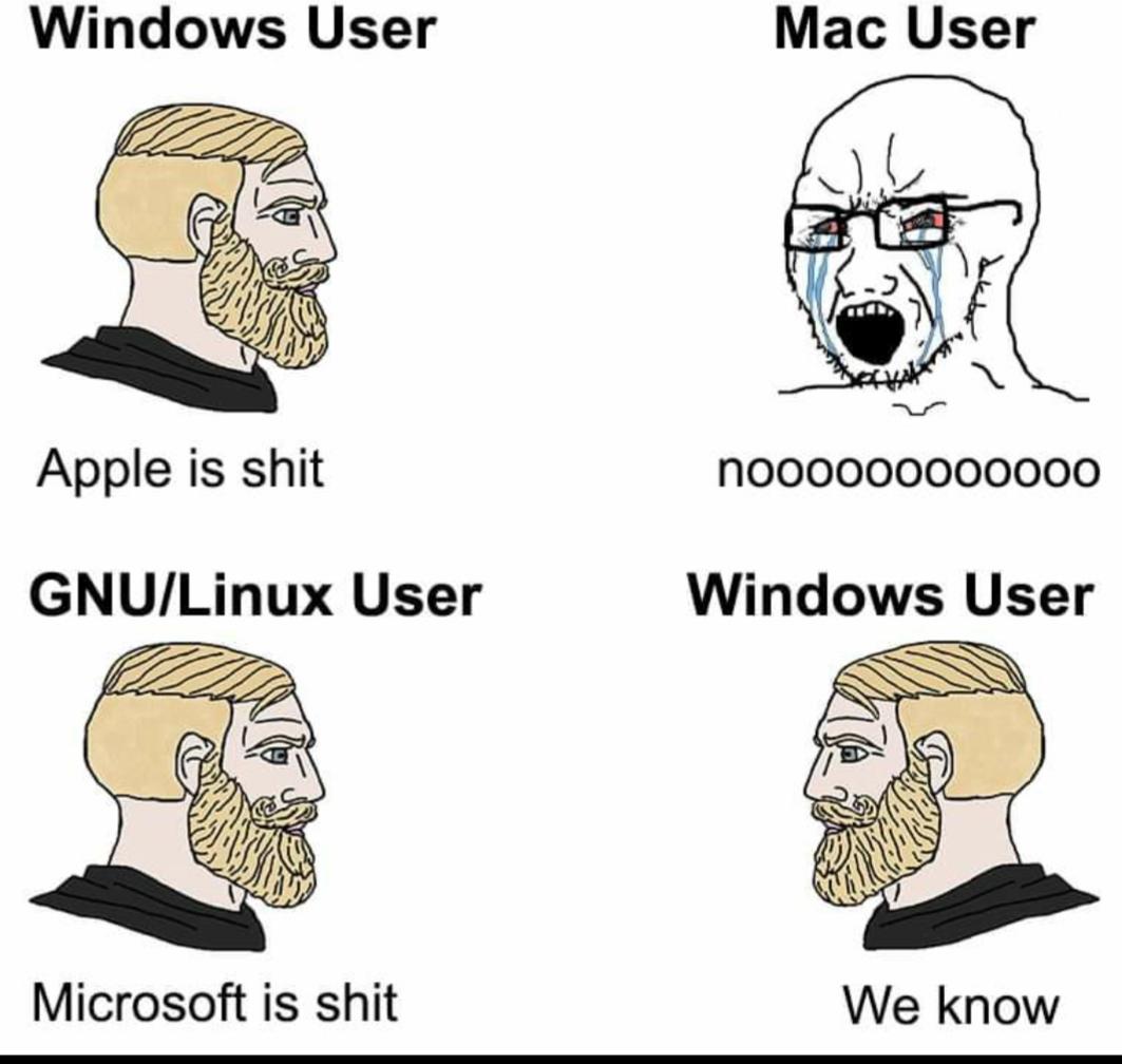 Dank, Linux, Windows, Mac, Apple, PC other memes Dank, Linux, Windows, Mac, Apple, PC text: Windows User Mac User Apple is shit noooooooooooo Microsoft is shit We know 