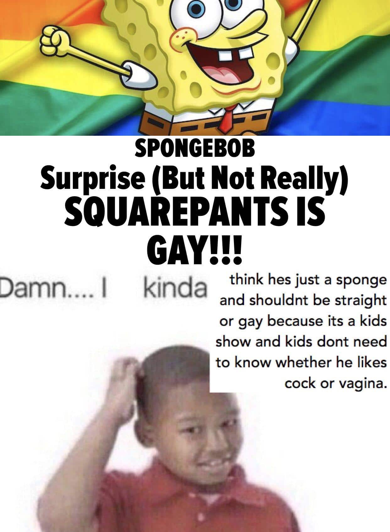 Dank, Sandy, LGBT, Spongebob, Nickelodeon, LGBTQ Dank Memes Dank, Sandy, LGBT, Spongebob, Nickelodeon, LGBTQ text: SPONGEBOB Surprise (But Not Really) SQUAREPANTS IS GAY!!! Damn.... I kinda think hes just a sponge and shouldnt be straight or gay because its a kids show and kids dont need to know whether he likes cock or vagina. 