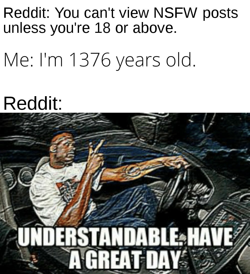 Dank, Discord Dank Memes Dank, Discord text: Reddit: You can't view NSFW posts unless you're 18 or above. Me: I'm 1376 years old. Reddit: UNDERSTANDABLEHAVE 
