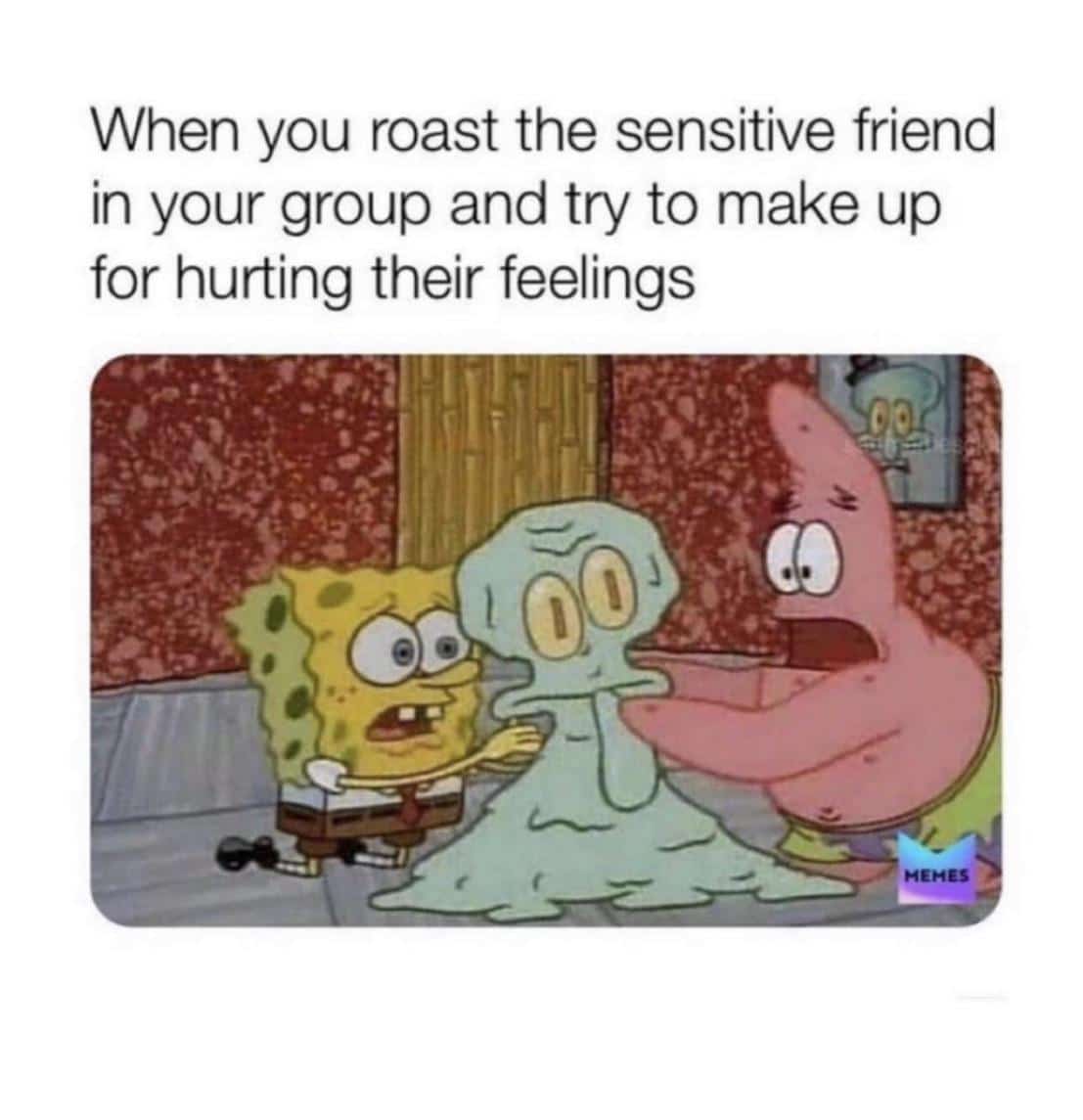 Spongebob, Fyi Spongebob Memes Spongebob, Fyi text: When you roast the sensitive friend in your group and try to make up for hurting their feelings 