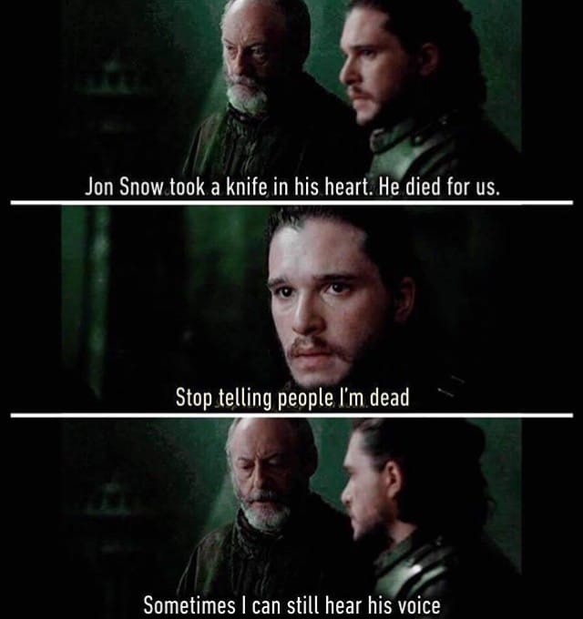 Game of thrones, Jon Snow, Davos, Jon, Dani, Stannis Game of thrones memes Game of thrones, Jon Snow, Davos, Jon, Dani, Stannis text: Jon Snow took a knife in his heart. He died for us. Stop telling people I'm dead Sometimes I can still hear his voice 