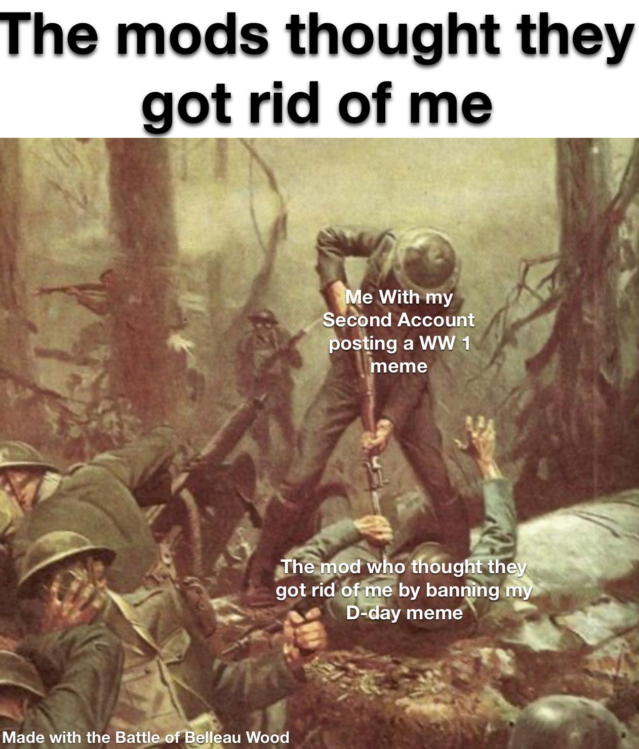 History, Day, WW2, VPN, Reddit, Marines History Memes History, Day, WW2, VPN, Reddit, Marines text: The mods thought they got rid of me e With my e&ond Account bosiing a WW 1 eme ._he odw o tfi6ughffh