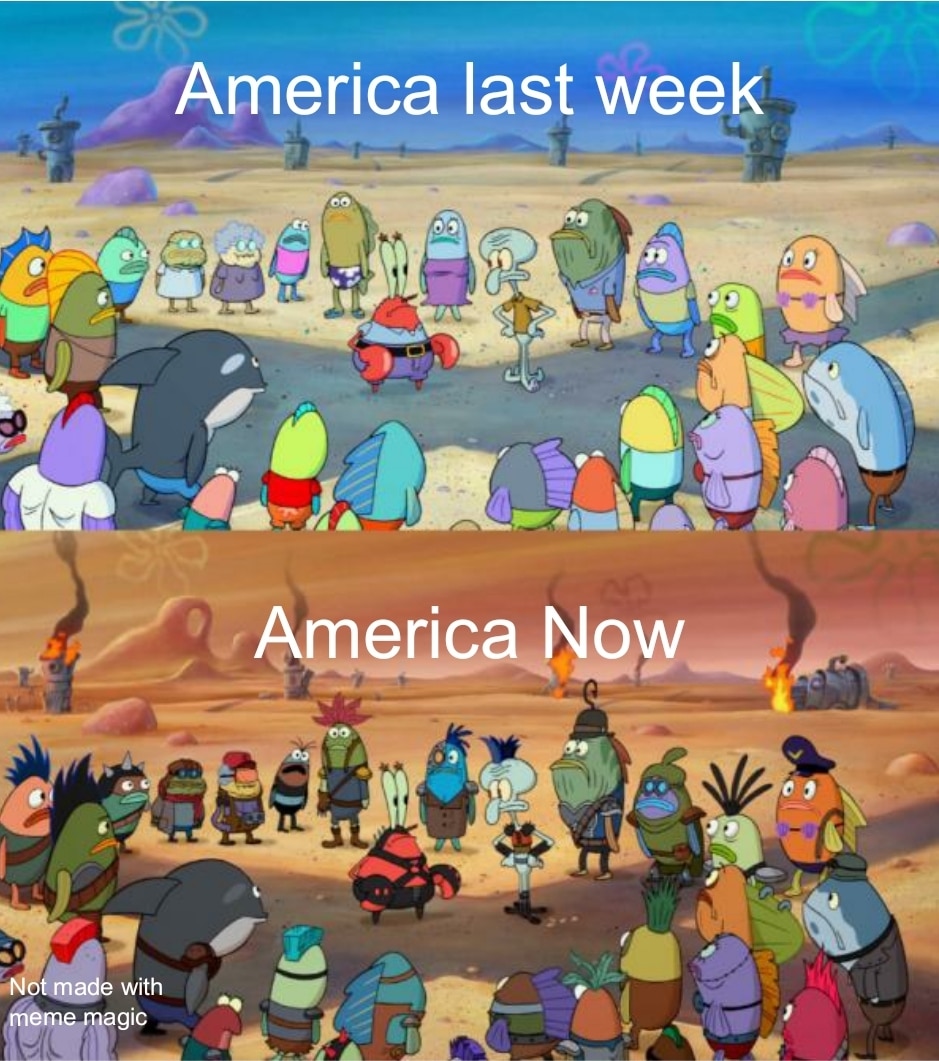 Spongebob,  Spongebob Memes Spongebob,  text: America last wee's America Aoyv with agic 