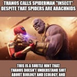 Avengers Memes Thanos, Thanos text: IN INFINITY WAR (20181, THANOS CALLS SPIDERMAN "INSECT" DESPITE THAT SPIDERS ARE ARACHNIDS THIs HINT THAT DOESN