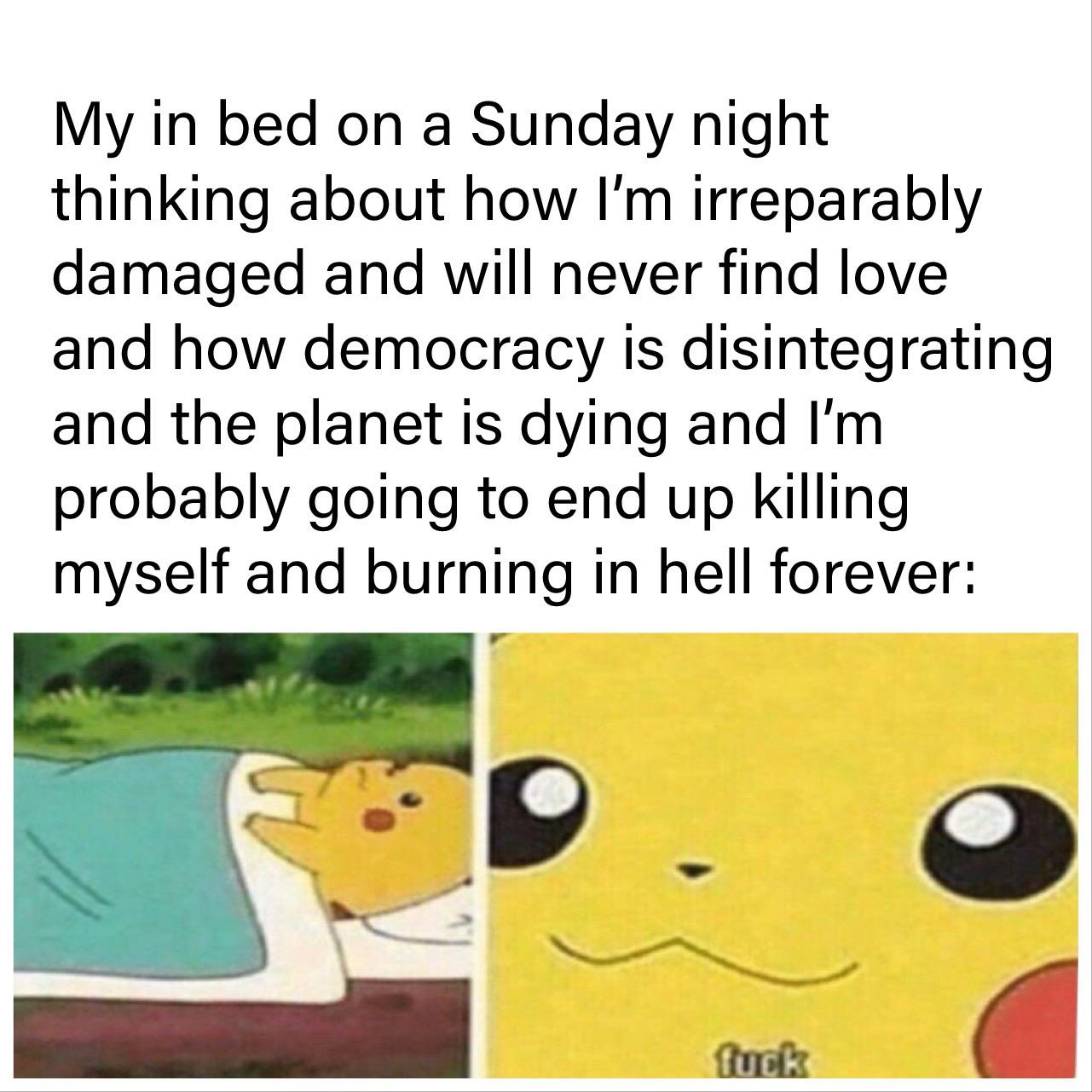 Depression, Hell depression memes Depression, Hell text: My in bed on a Sunday night thinking about how I'm irreparably damaged and will never find love and how democracy is disintegrating and the planet is dying and I'm probably going to end up killing myself and burning in hell forever: tucæ 