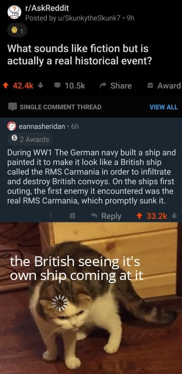 History, Carmania, RMS Carmania, German, Germans, Cap Trafalgar History Memes History, Carmania, RMS Carmania, German, Germans, Cap Trafalgar text: r/AskReddit e posted by u,'SkunkytheSkunk7 • 9h What sounds like fiction but is actually a real historical event? 42.4k + • 10.5k Share a Award SINGLE COMMENT THREAD eannasheridan • 6h ø 2 Awards VIEW ALL During WW1 The German navy built a ship and painted it to make it look like a British ship called the RMS Carmania in order to infiltrate and destroy British convoys. On the ships first outing, the first enemy it encountered was the real RMS Carmania, which promptly sunk it. the British seeihg it's own shipcomin a 