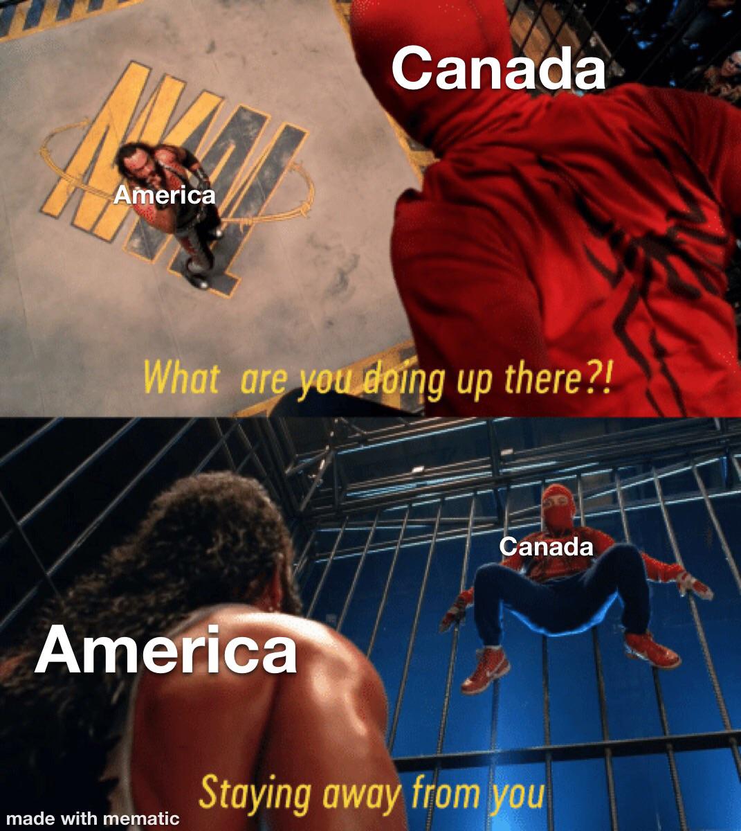 Dank, America, Canadian, USA, Toronto, The US Dank Memes Dank, America, Canadian, USA, Toronto, The US text: Canada Åmerica What areyouågfqg up there?! anada America Staying away from you made with mematic 