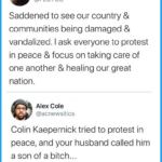 Black Twitter Memes Tweets, Michelle Obama, Laura Bush, First Lady text: Melania Trump @FLOTUS Saddened to see our country & communities being damaged & vandalized. I ask everyone to protest in peace & focus on taking care of one another & healing our great nation. Alex Cole @acnewsitics Colin Kaepernick tried to protest in peace, and your husband called him a son of a bitch. Sit this one out 3rd Lady  Tweets, Michelle Obama, Laura Bush, First Lady