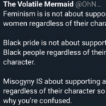 feminine memes Women,  text: The Volatile Mermaid @OhN... •15m v Feminism is is not about supporting all women regardless of their characten Black pride is not about supporting all Black people regardless of their character. Misogyny IS about supporting all men regardless of their character so I can see why you