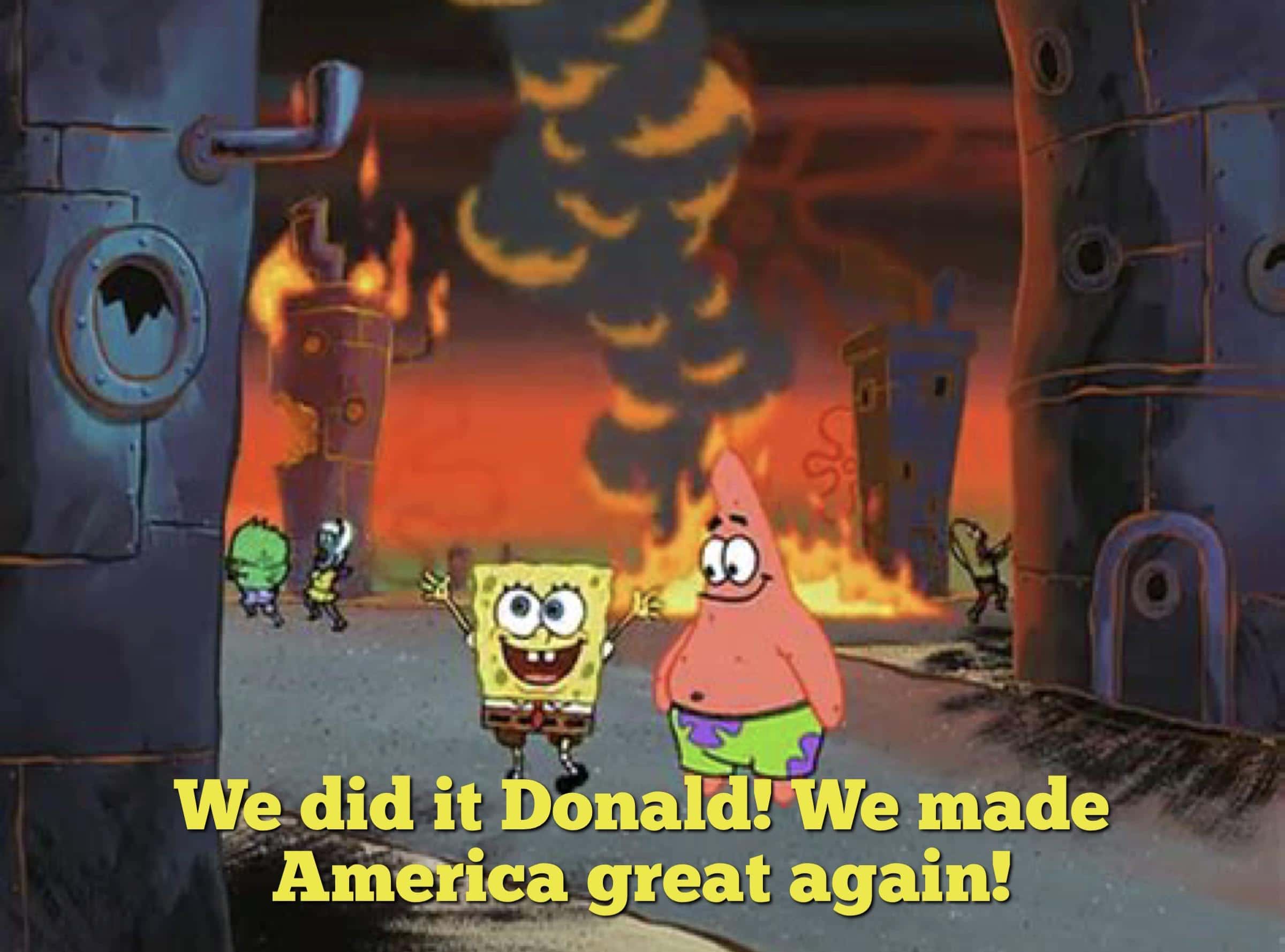 Spongebob,  Spongebob Memes Spongebob,  text: Wedid it Donald!CWe made Amäica great again! 