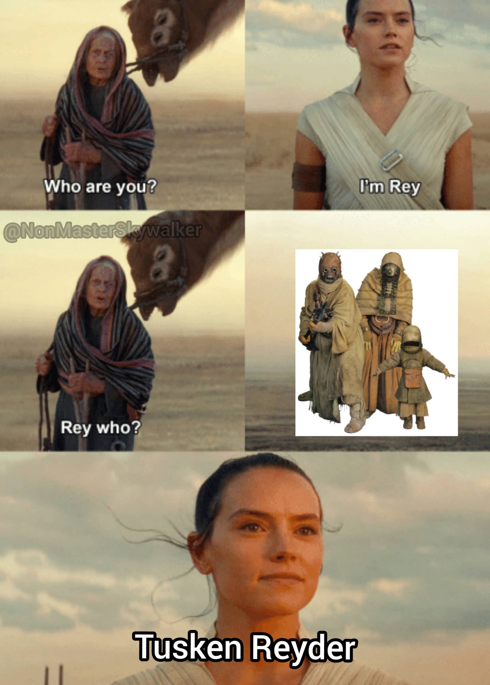Sequel-memes, Rey, Skywalker Star Wars Memes Sequel-memes, Rey, Skywalker text: •11m! Rey Who are you? Rey who? Tusken Reyder 