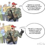 Comics Funny how that works (from tommysiegel), Trump, Republicans, Obama, MallaPip, Covid text: DADDY OBAMA GONNA TURN AMERICA INTO A TOTALITARIAN DICTATORSHIP TRUMP TURNING AMERICA INTO A TOTALITARIAN DICTATORSHIP! 