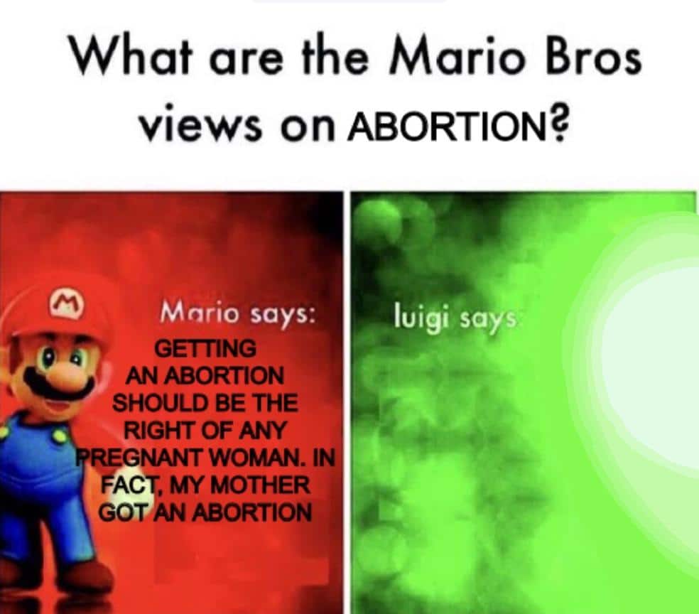 Dank, Luigi, Mario Dank Memes Dank, Luigi, Mario text: What are the Mario Bros views on ABORTION? Mario says: GETTING ANABORTION SHOULD BE THE RIGHT OF ANY REGNANT WOMAN. I ÉACT, MY MOTHER GOT ABORTION luigi says 