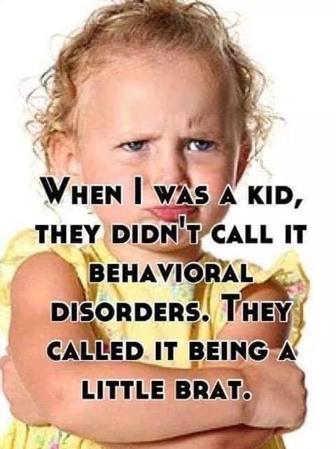 Political,  boomer memes Political,  text: WHEN I vas A KID, THEY DIDN'T CALL IT BEHAVIORAV DISORDERS. THEY CALLED IT BEING A LITTLE BRAT. 