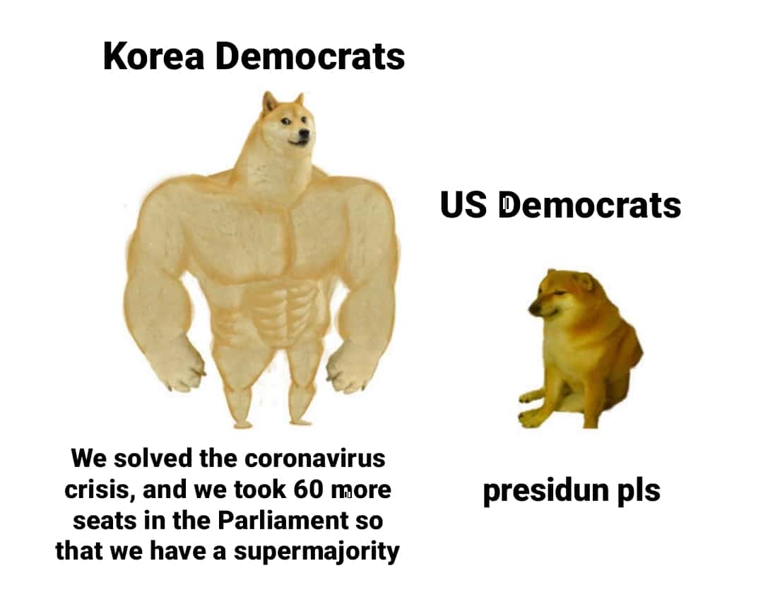 Political, Cuomo, Korea, South Koreans, Shiba, Korean Political Memes Political, Cuomo, Korea, South Koreans, Shiba, Korean text: Korea Democrats We solved the coronavirus crisis, and we took 60 more seats in the Parliament so that we have a supermajority US Democrats presidun pls 