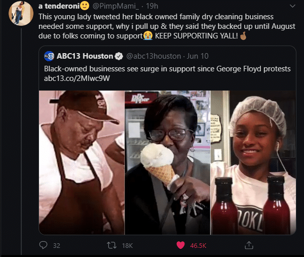 Black, America Wholesome Memes Black, America text: a tenderonie @PimpMami_ • 19h This young lady tweeted her black owned family dry cleaning business needed some support, why i pull up & they said they backed up until August due to folks coming to support' KEEP SUPPORTING YALL! ABC13 Houston O @abc13houston • Jun 10 Black-owned businesses see surge in support since George Floyd protests abc 13.co/2Mlwc9W 0 32 18K 46.5K 