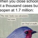 other memes Funny, Sweden, March, Zoom, Wednesday, Stop text: When you close schools at a thousand cases but reopen at 1.7 million: The risk I took was calculated, but man, imgffgcom am I bad at math.  Funny, Sweden, March, Zoom, Wednesday, Stop