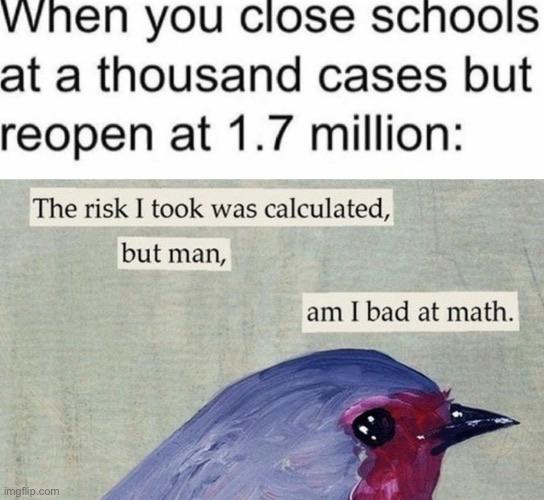 Funny, Sweden, March, Zoom, Wednesday, Stop other memes Funny, Sweden, March, Zoom, Wednesday, Stop text: When you close schools at a thousand cases but reopen at 1.7 million: The risk I took was calculated, but man, imgffgcom am I bad at math. 