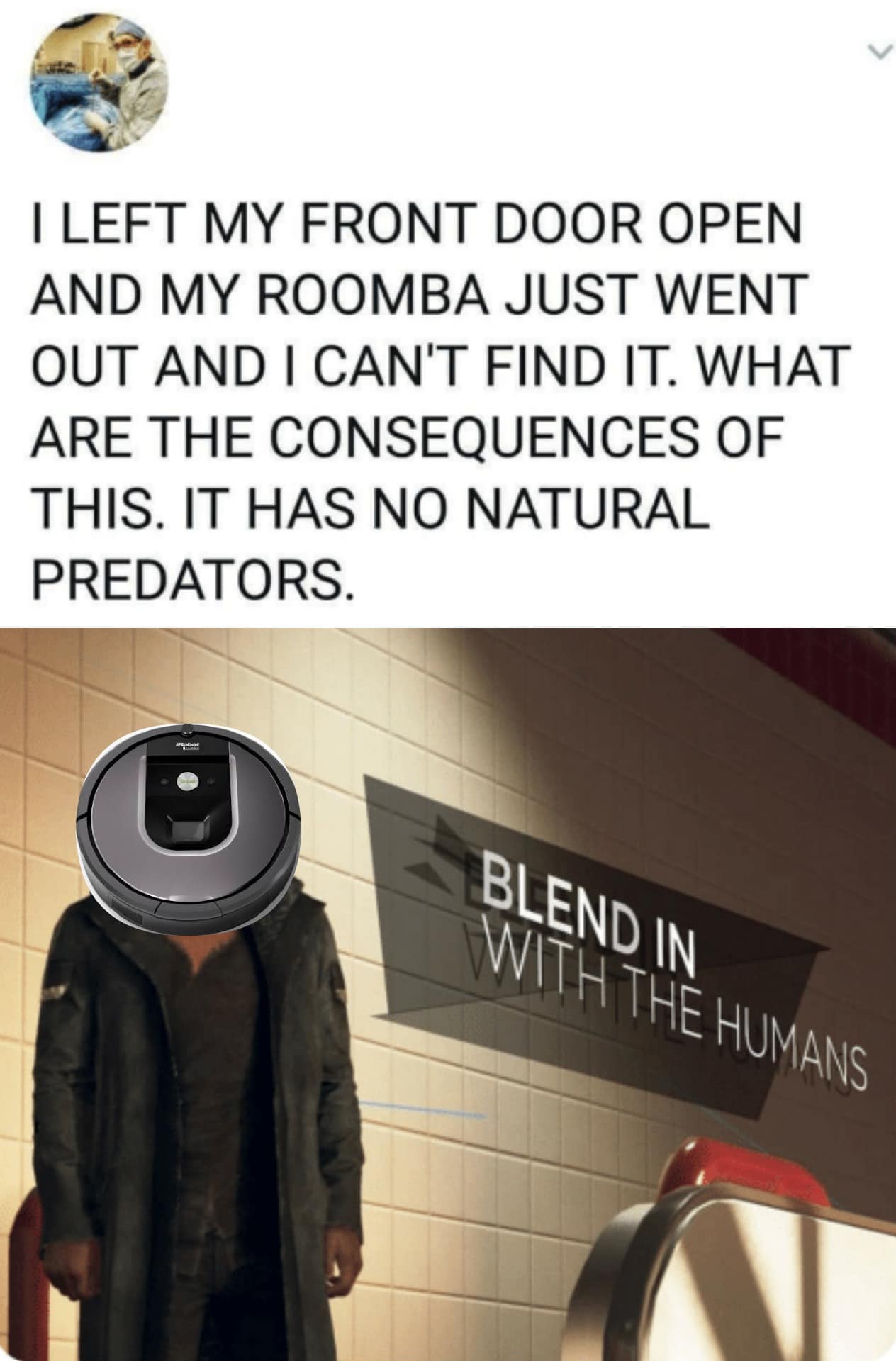 Funny, Roomba, Become Human, Roombas, Detroit, YouFellForItFool other memes Funny, Roomba, Become Human, Roombas, Detroit, YouFellForItFool text: I LEFT MY FRONT DOOR OPEN AND MY ROOMBA JUST WENT OUT AND I CAN'T FIND IT. WHAT ARE THE CONSEQUENCES OF THIS. IT HAS NO NATURAL PREDATORS. BLEN HUMANS 