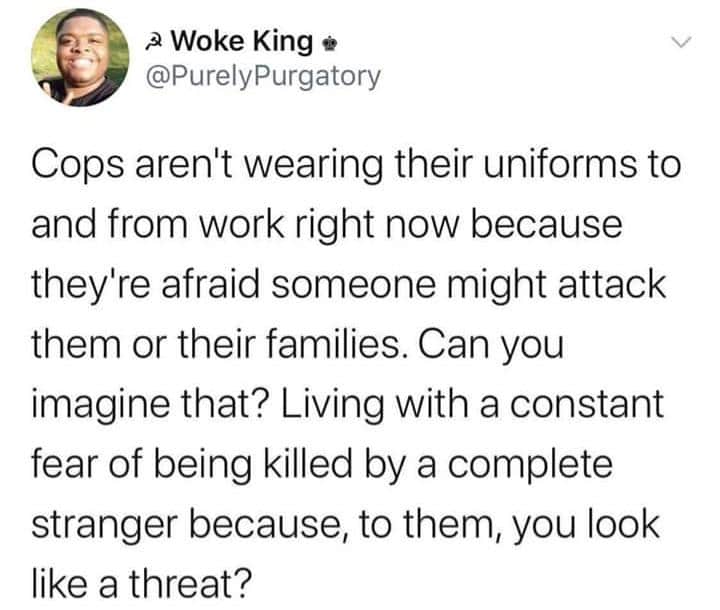 Political, No Political Memes Political, No text: Woke King @PurelyPurgatory Cops aren't wearing their uniforms to and from work right now because they're afraid someone might attack them or their families. Can you imagine that? Living with a constant fear of being killed by a complete stranger because, to them, you look like a threat? 