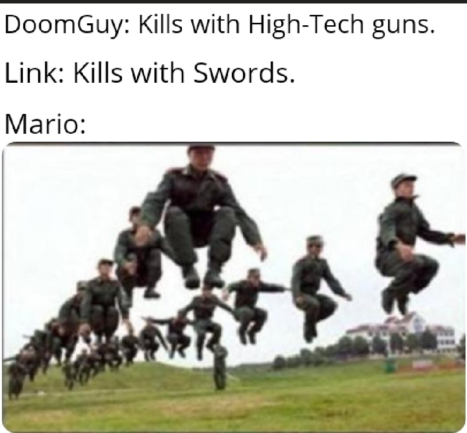 Dank, Mario, Link Dank Memes Dank, Mario, Link text: DoomGuy: Kills with High-Tech guns. Link: Kills with Swords. Mario: 