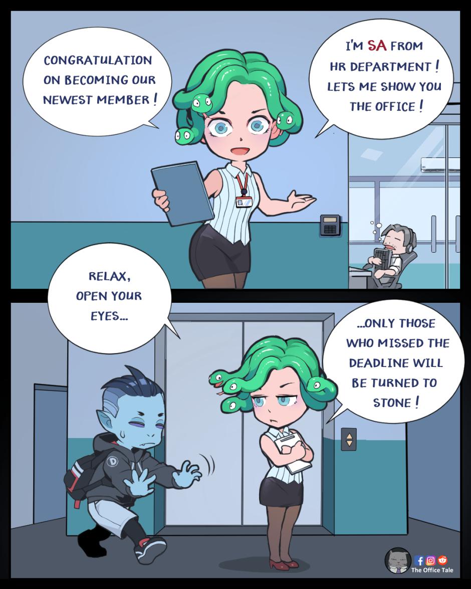 New member,  Comics New member,  text: CONGRATULATION ON BECOMING OUR NEWEST MEMBER ! RELAX, OPEN youx I'M SA FROM HR DEPARTMENT ! LETS ME SHOW you THE OFFICE ! -ONLY THOSE WHO MISSED THE DEADLINE WILL BE TURNED TO STONE ! The Office T 