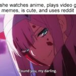Anime Memes Anime, Sauce, Franxx, Darling text: When she watches anime, plays video games, makes memes, is cute, and uses reddit Found you, my darling.  Anime, Sauce, Franxx, Darling