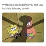 Spongebob Memes Spongebob, Sorry text: When your boss catches you and your homie bullshitting at work  Spongebob, Sorry