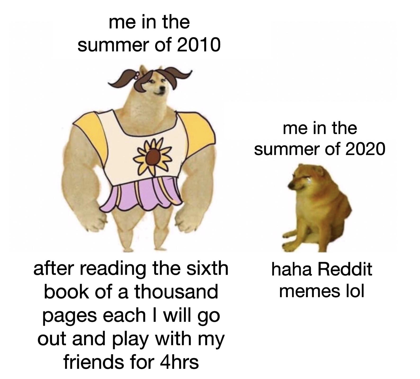 Depression,  depression memes Depression,  text: me in the summer of 2010 after reading the sixth book of a thousand pages each I will go out and play with my friends for 4hrs me in the summer of 2020 haha Reddit memes Iol 