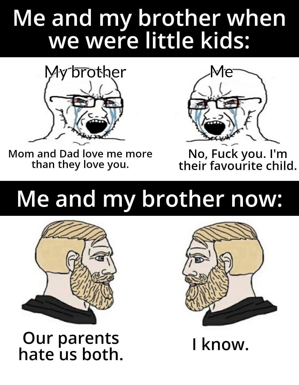 Dank, Mario, FUCK YOU, Cake Day, Br Dank Memes Dank, Mario, FUCK YOU, Cake Day, Br text: Me and my brother when we were little kids: My-brother Mom and Dad love me more than they love you. No, Fuck you. I'm their favourite child. Me and my brother now: Our parents hate us both. I know. 