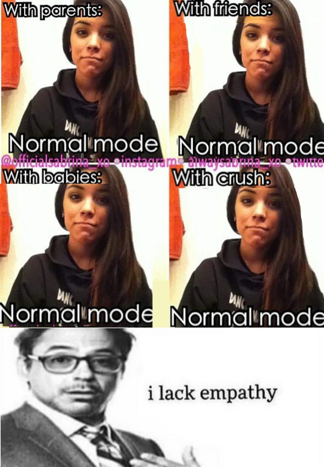 Cringe, The Prince, Stop, Scary Movie, Satire, PanelCringe cringe memes Cringe, The Prince, Stop, Scary Movie, Satire, PanelCringe text: With parents: \With fiiéhds: Normal[mode Normalvmode With Normal!rnod With crush: Normal[mode i lack empathy 
