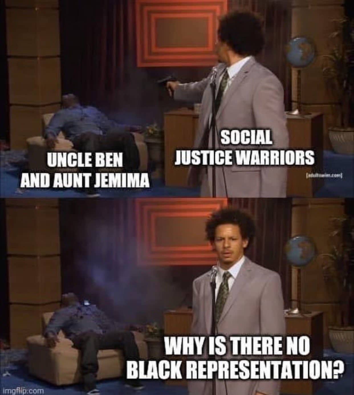 Political, Thanks, Radio boomer memes Political, Thanks, Radio text: SOCIAL JUSTICE WARRIORS UNCLEBEN AND AUNTJEMIMA WHYISTHERENO irngfli#.com 