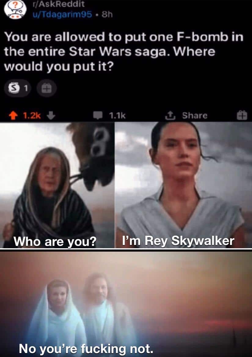 Sequel-memes, Fuck, Skywalker, Luke, Rey, Leia Star Wars Memes Sequel-memes, Fuck, Skywalker, Luke, Rey, Leia text: r/AskReddit u/Tdagarim95 • 8h You are allowed to put one F-bomb in the entire Star Wars saga. Where would you put it? 1.2k Whb are 1.1k Share I'm Rey Skywalker No you're ucking not. 