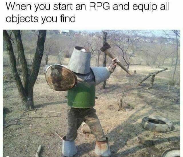 Funny, RPG, Skyrim, Zelda, Solaire other memes Funny, RPG, Skyrim, Zelda, Solaire text: When you start an RPG and equip a objects you find 