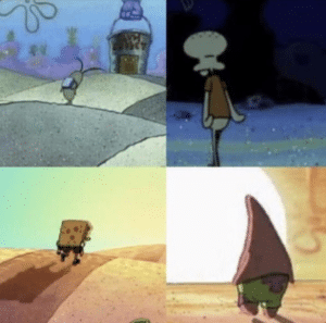 Sad Spongebob characters walking Plankton meme template