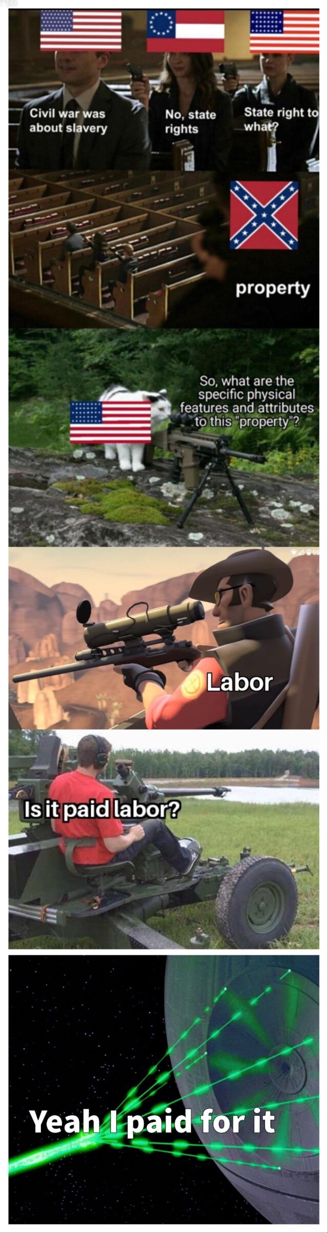 History, Confederacy, HistoryMemes, Civil War, Union, American History Memes History, Confederacy, HistoryMemes, Civil War, Union, American text: r was lavery State right to No, state rights property So, what are the specific physical features and attributes prdptrtye? Labor LIS if Oåid labor? Yeah Ml paid for 