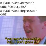 other memes Funny, Jake Paul, Paul, Rick, Rick Astley, Jake text: Jake Paul: *Gets arrested* Reddit: *Celebrates* Jake Paul: *Gets depressed* Reddit: donot a shdt-  Funny, Jake Paul, Paul, Rick, Rick Astley, Jake