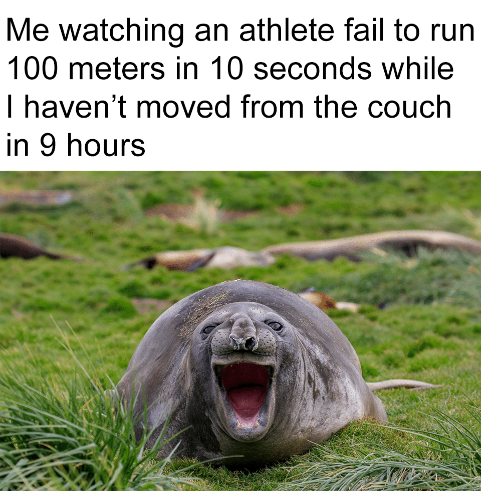 Funny,  other memes Funny,  text: Me watching an athlete fail to run 100 meters in 10 seconds while I haven't moved from the couch in 9 hours 