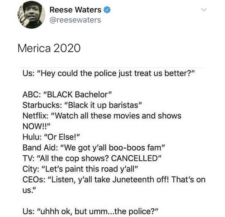 Tweets, Starbucks, SESTA, POC, American, Order Black Twitter Memes Tweets, Starbucks, SESTA, POC, American, Order text: Reese Waters @reesewaters Merica 2020 Us: 
