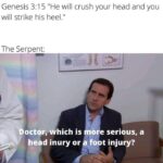 Christian Memes Christian,  text: Genesis 5 "He will crush your head and you will strike his heel." The Serpent: octor;which is head inury or Ore serious, a foot injury?  Christian, 