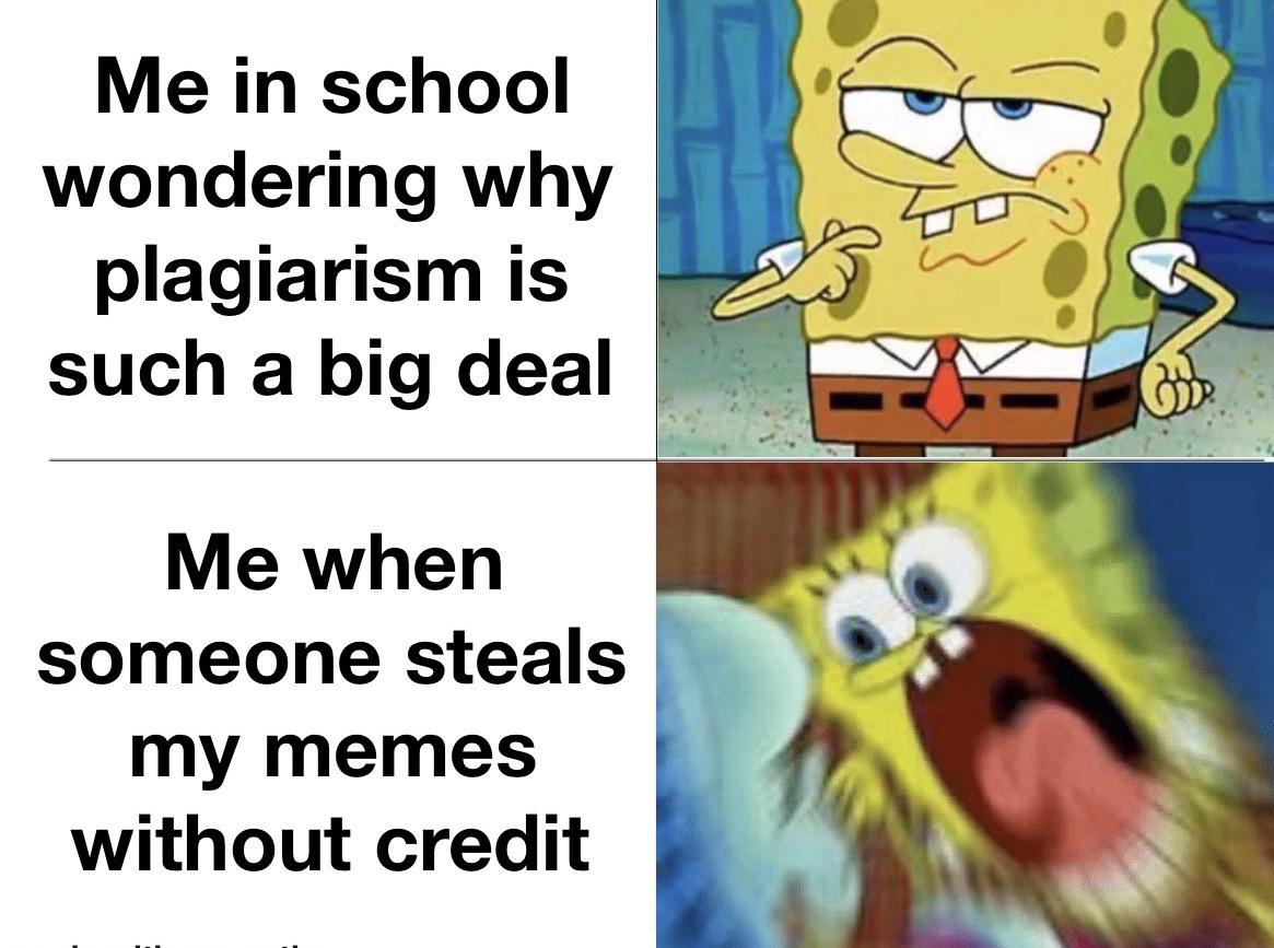 Funny, Instagram, Chemistry, Write, WgXcQ, Spongebob other memes Funny, Instagram, Chemistry, Write, WgXcQ, Spongebob text: Me in school wondering why plagiarism is such a big deal Me when someone steals my memes without credit 