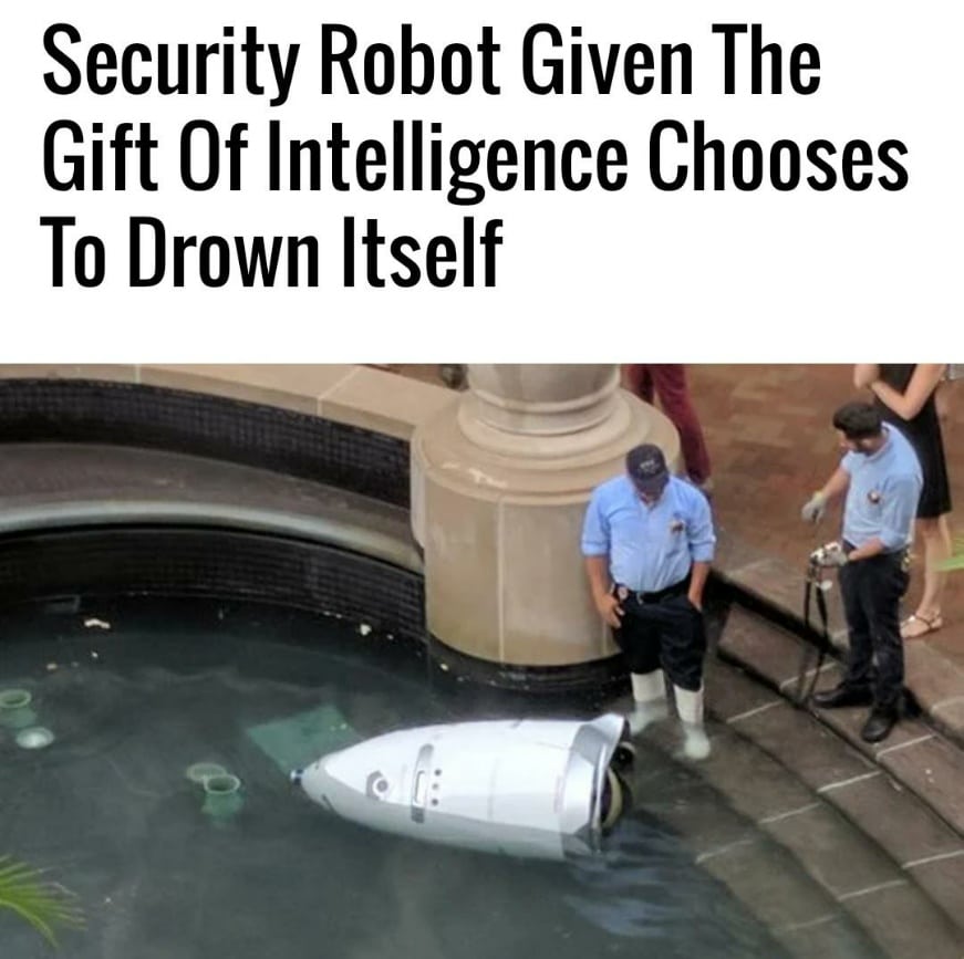 Depression,  depression memes Depression,  text: Security Robot Given The Gift Of Intelligence Chooses To Drown Itself 