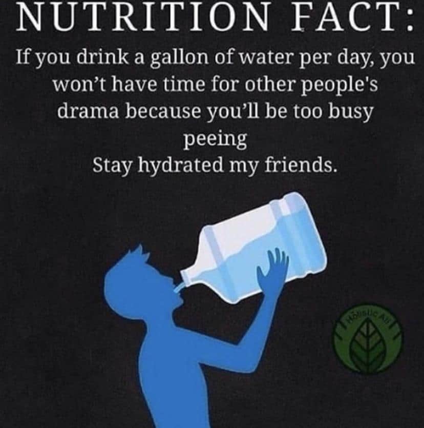 Water,  Water Memes Water,  text: NUTRITION FACT: If you drink a gallon of water per day, you won't have time for other people's drama because you'll be too busy peeing Stay hydrated my friends. 